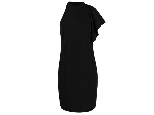 černé asymetrické šaty s volánem na rukávě